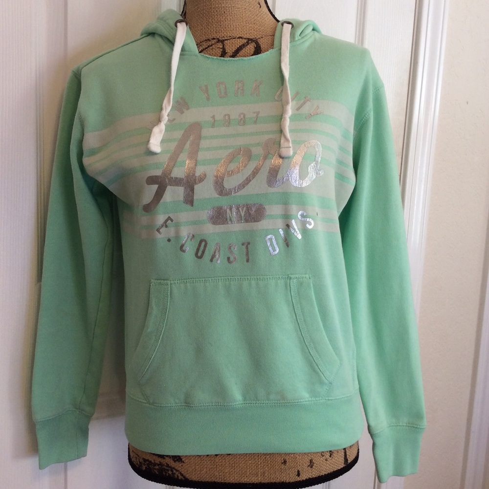Aeropostale “Aero” mint pastel green hoodie pullover sweater silver logo SP